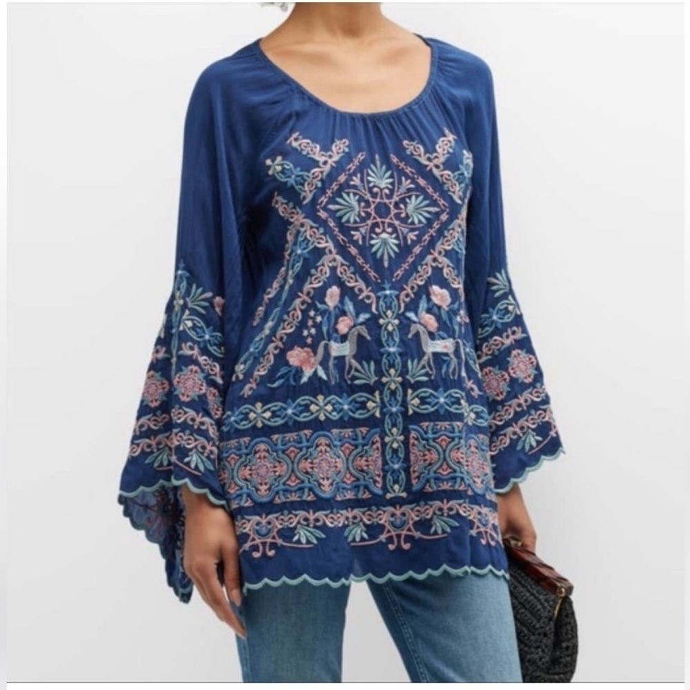 JOHNNY WAS Lina Tunic Embroidered Flowy Rayon Floral Ethereal Print Navy Size M